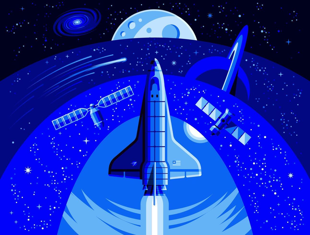 Illustration of a spaceship in orbit, orbital station, orbital module, planets, objects, meteorites. vector
