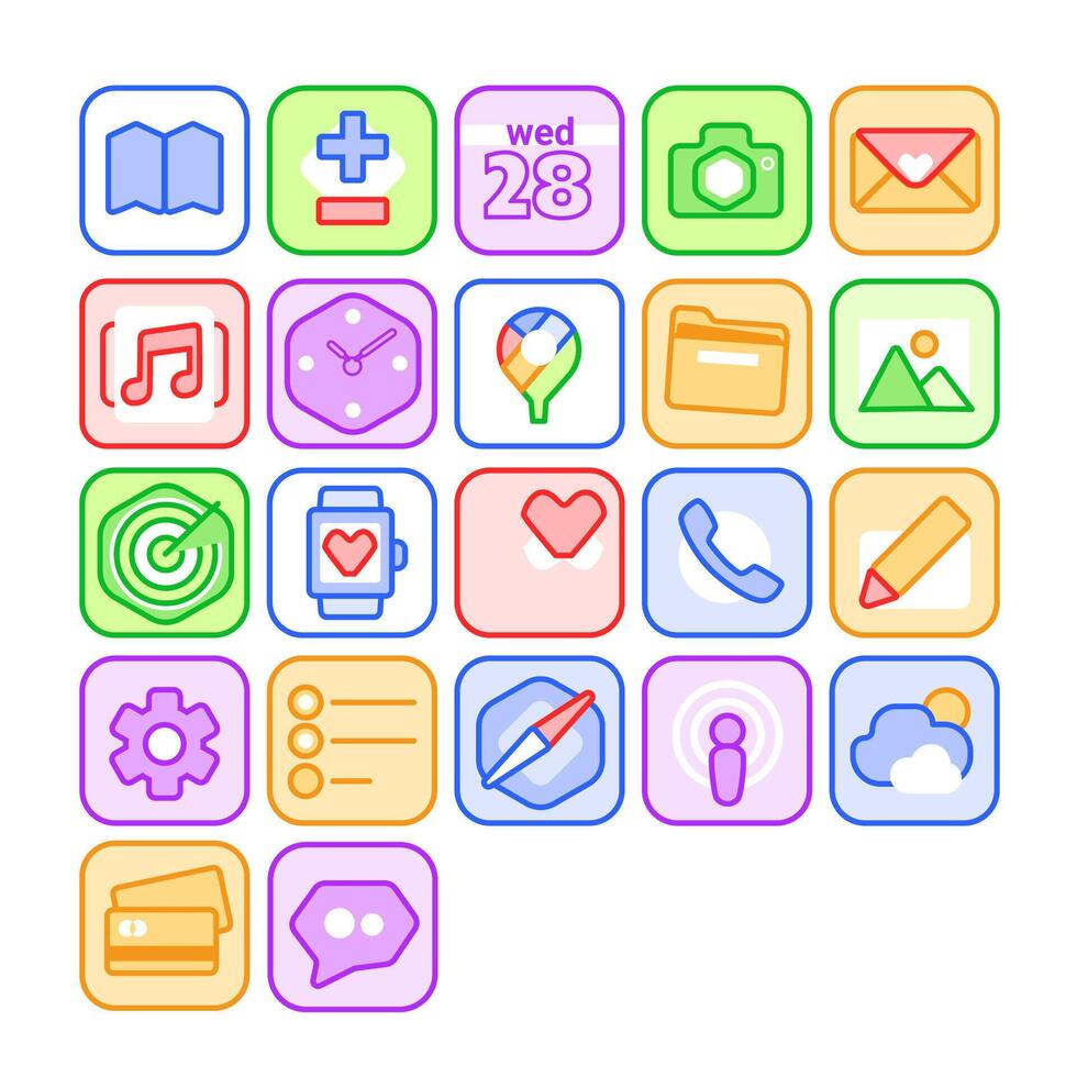 Set of interface icons, settings, clock, calendar, calculator, mail, messages, music, camera, notes, messengers, etc. in doodle style. vector