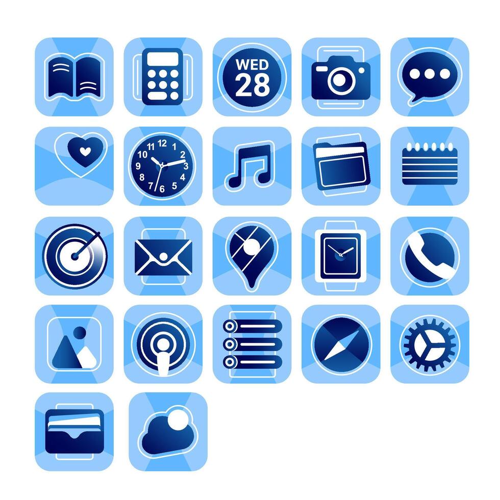 A set of interface icons, settings, clock, calendar, calculator, mail, messages, music, camera, notes, messengers, etc. in flat style. vector