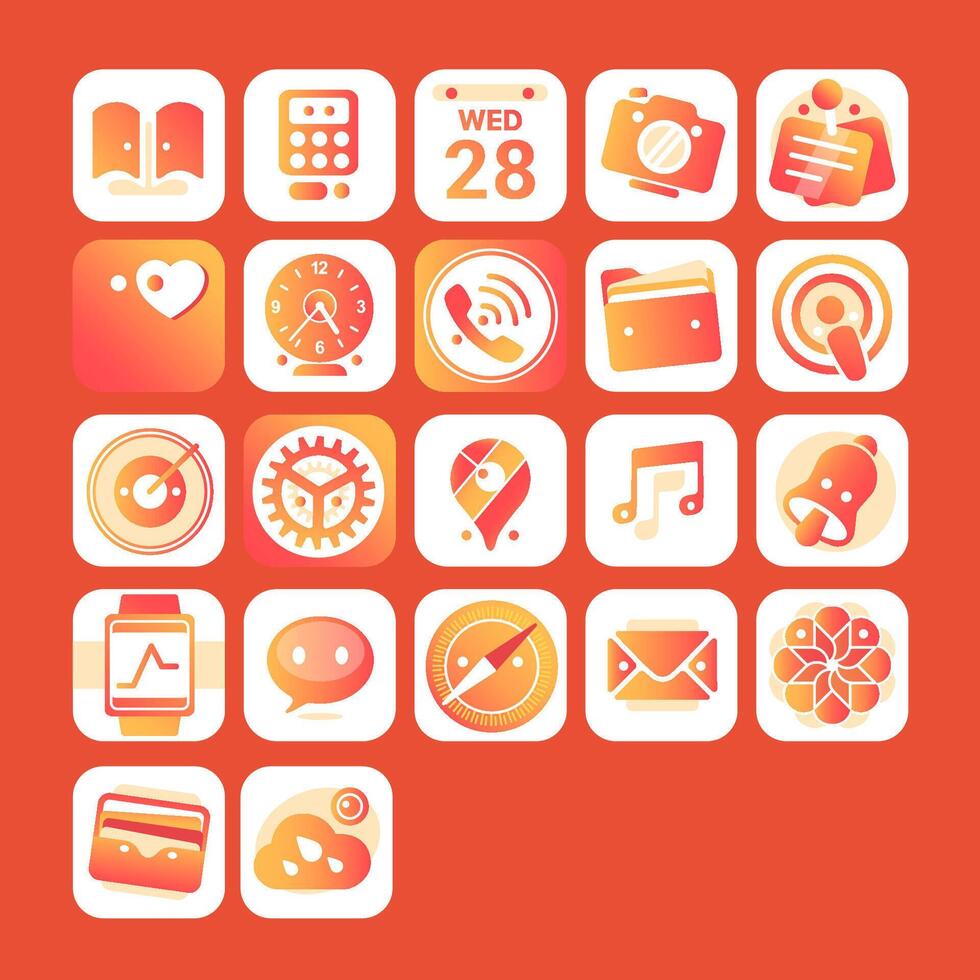 A set of interface icons, settings, clock, calendar, calculator, mail, messages, music, camera, notes, messengers, etc. in orange tones in a volumetric style. vector