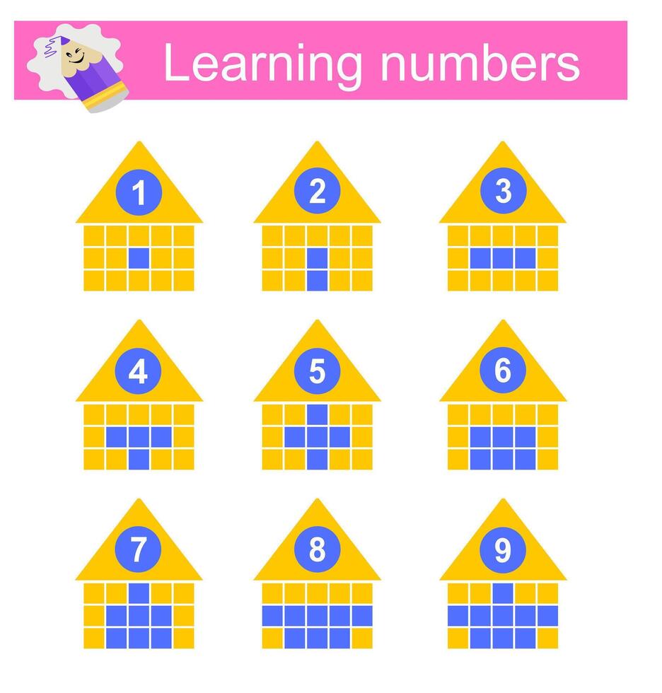 Learning numbers. The set of numbers for preschool kids. Printable worksheet. vector