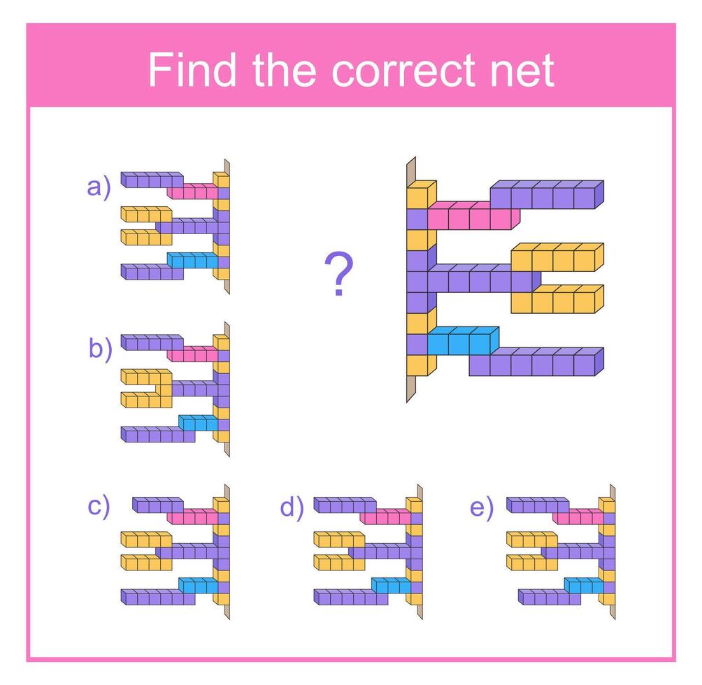 Logic game. IQ training test. Find the correct net. Practice worksheet for kids. Answer is d vector