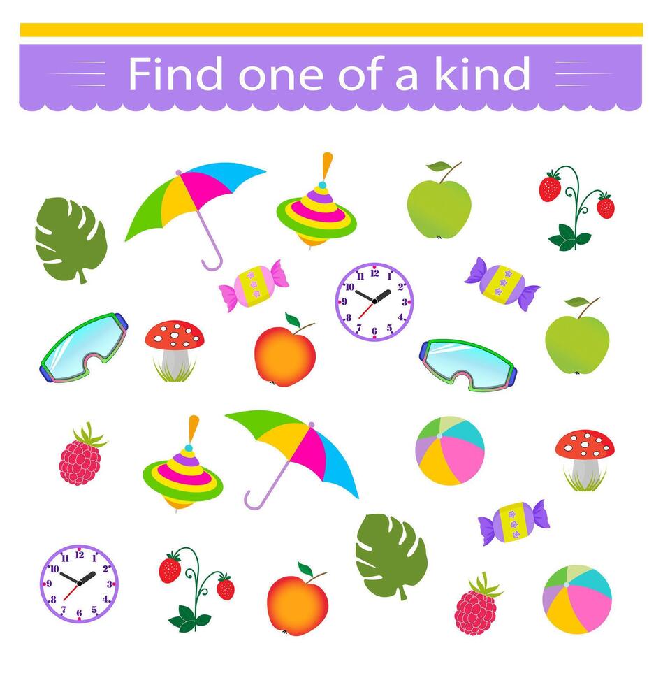 Educational game for kids. Need to find one of a kind object. Visual intelligence. vector