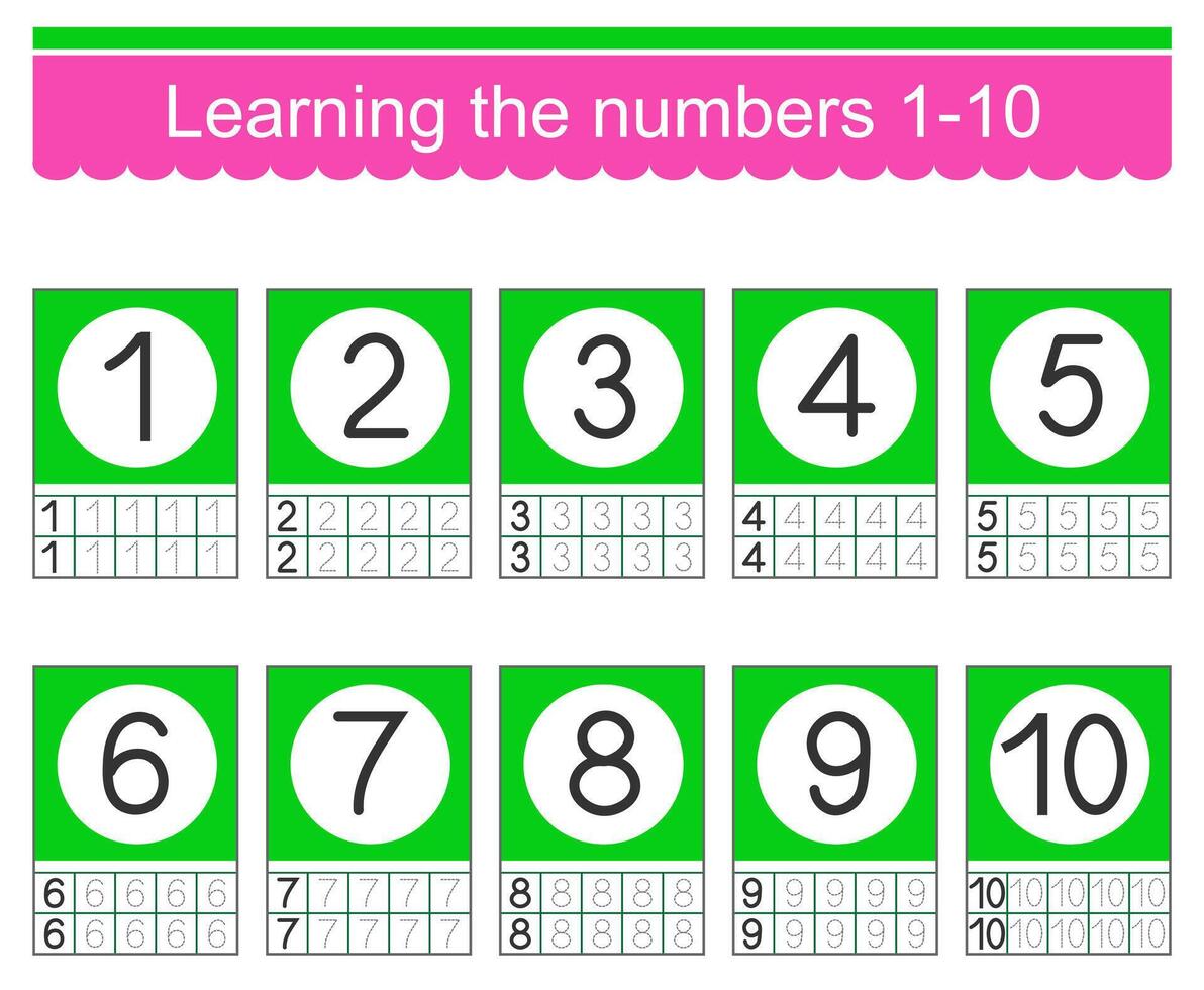 Learning the numbers 1-10. Trace the numbers. Educational material for kids. Printable worksheet vector