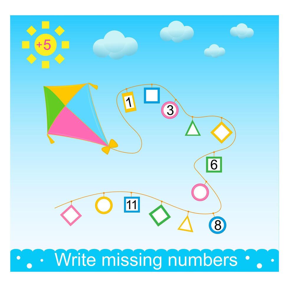 Math activity for children. Write missing numbers. Developing numeracy skills. . vector