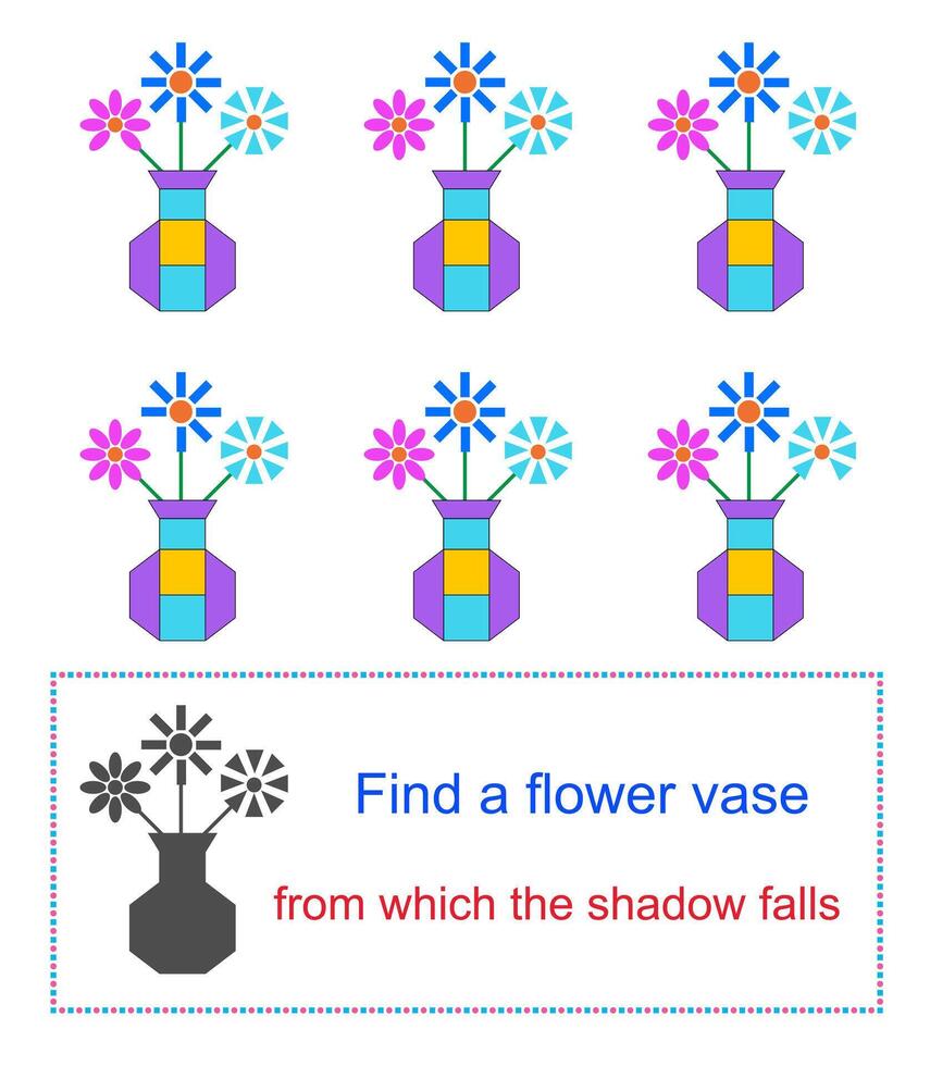 Educational game for kids. Task for attentiveness. Find a flower vase from which the shadow falls. vector