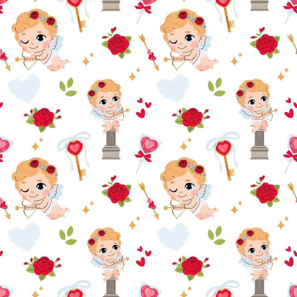 Charming Cupid with bow and arrow, rose, golden key and lollipop. Valentine's Day seamless pattern for textile, wrapping paper, background. vector