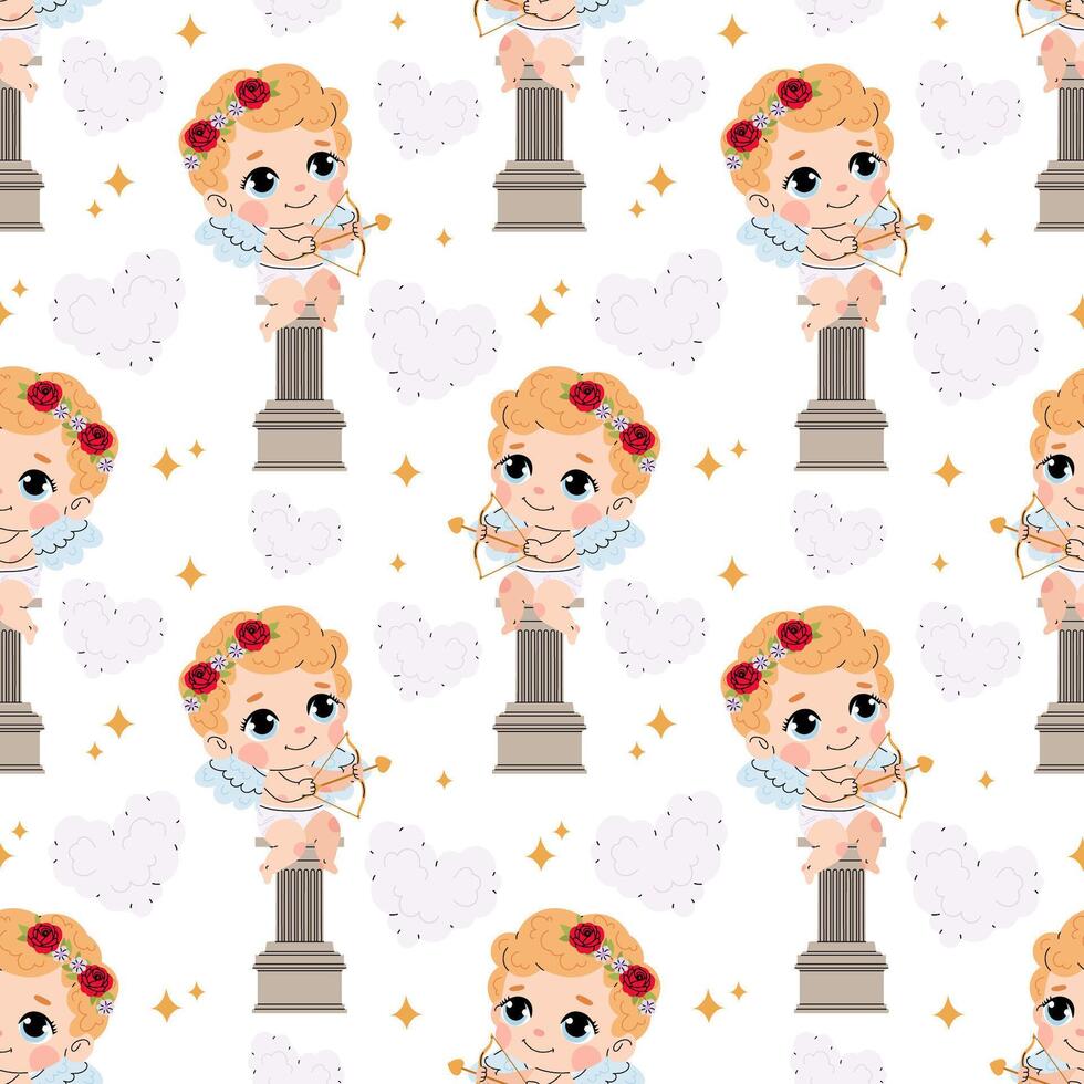 Charming Cupid with bow and arrow sits on a column. Valentine's Day seamless pattern for textile, wrapping paper, background. vector