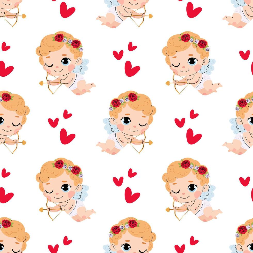 Cupid with bow and arrow. Charming cupid. Valentine's Day seamless pattern for textile, wrapping paper, background. vector