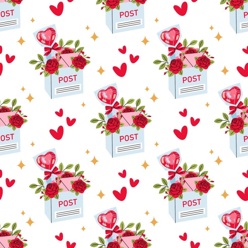 Post Office. Letterbox, red rose, lollipop. Seamless pattern for textile, wrapping paper, background. vector