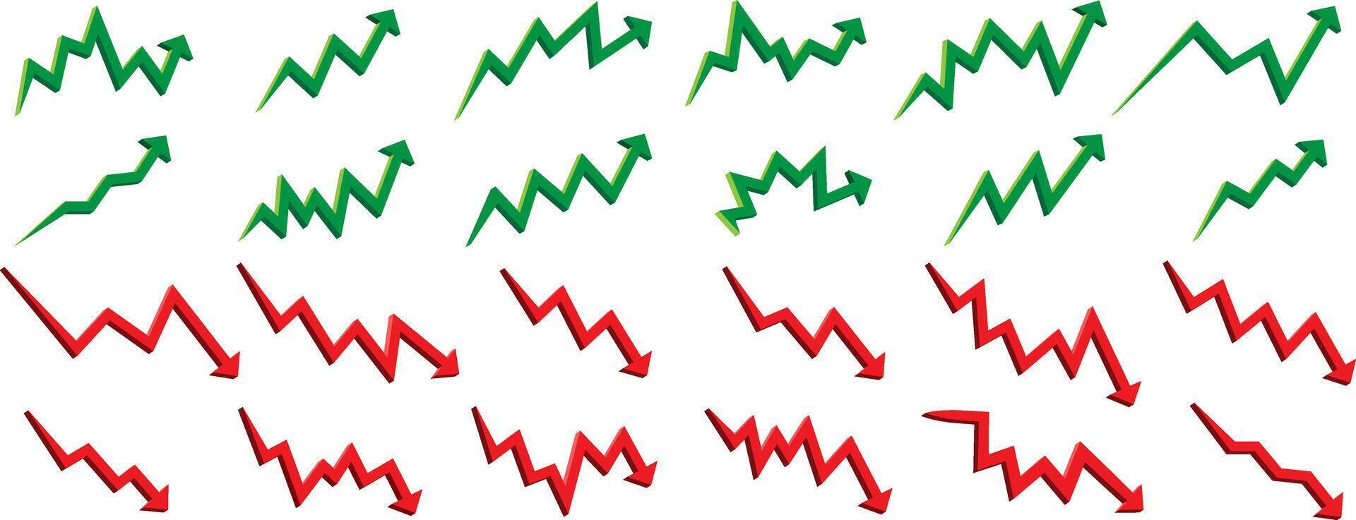 up, rise, bull trend arrows and down, fall, bear market forex business analytics line templates in green and red 3D shapes collection vector