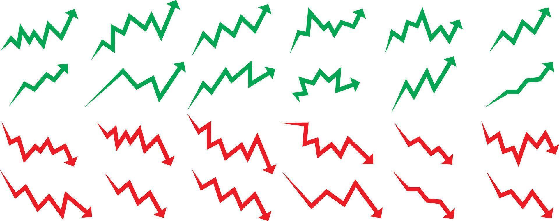 up and down market, bull and bear forex trend business chart lines with green and red arrows for business rise, fall, profit, budget template vector