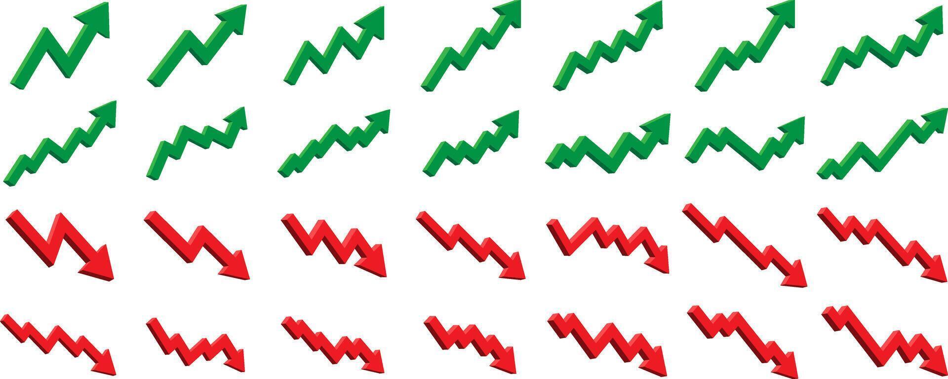 3D bull, bear arrow trends, up and down market analytics green and red arrow collection in transparent background vector