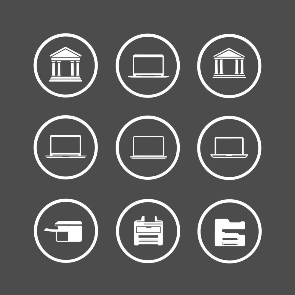 Office Equipment icon set, bank, laptop, printer vector