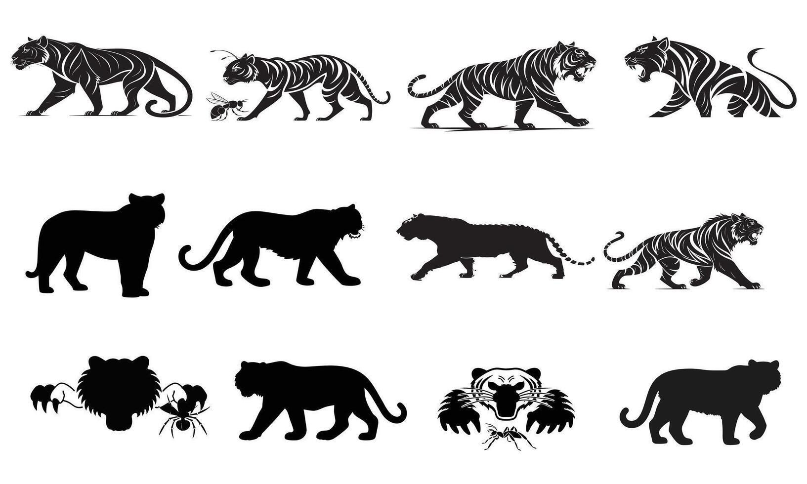 A versatile collection of tiger silhouette vectors for design projects.