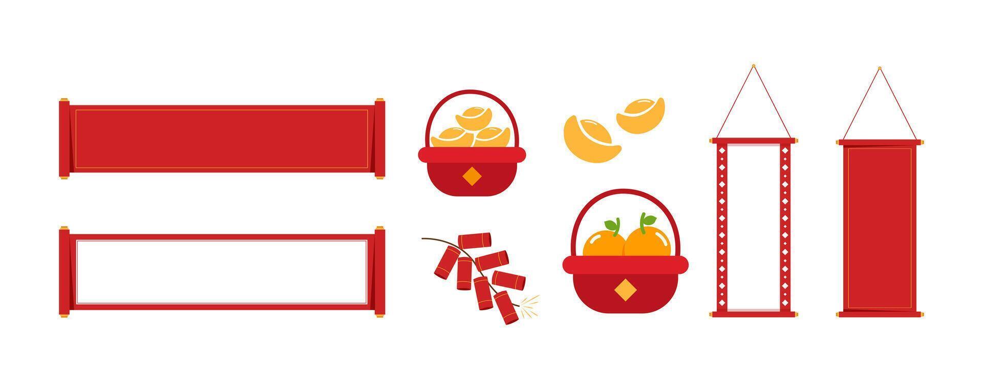 Set of red Chinese New Year Festive Decorations with Scrolls, Firecrackers, and Gold Ingot Oranges Prosperity Baskets illustration vector
