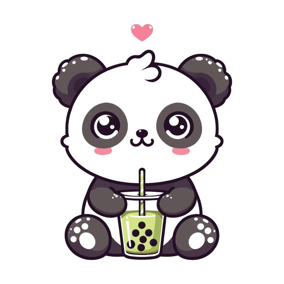Adorable Panda Illustration with Boba Tea and Heart Design vector