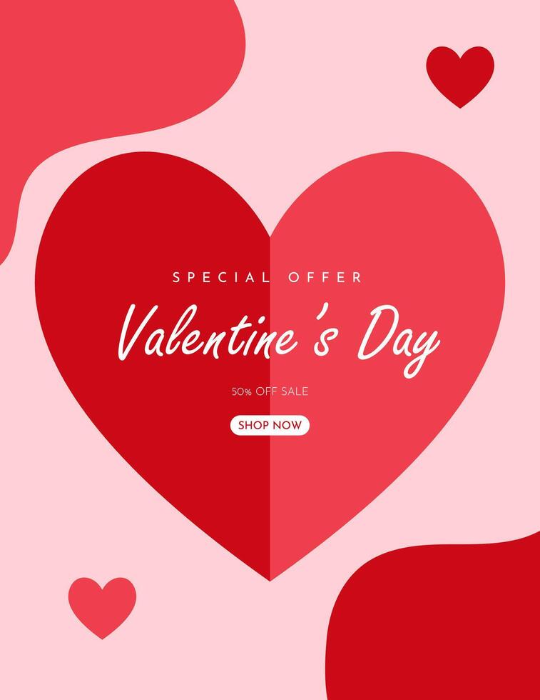Valentine's day card with red heart pink background illustration. vector