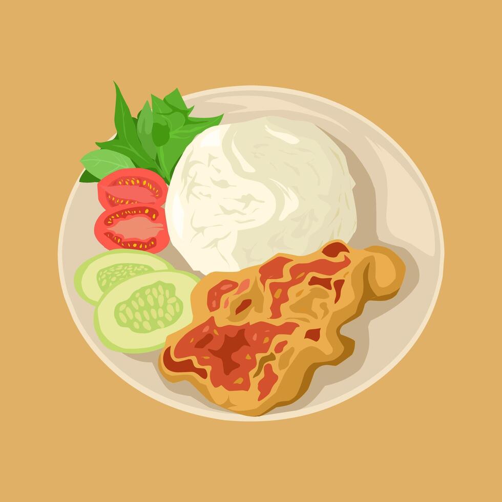 Chicken fried rice with vegetables and cucumber on a plate vector