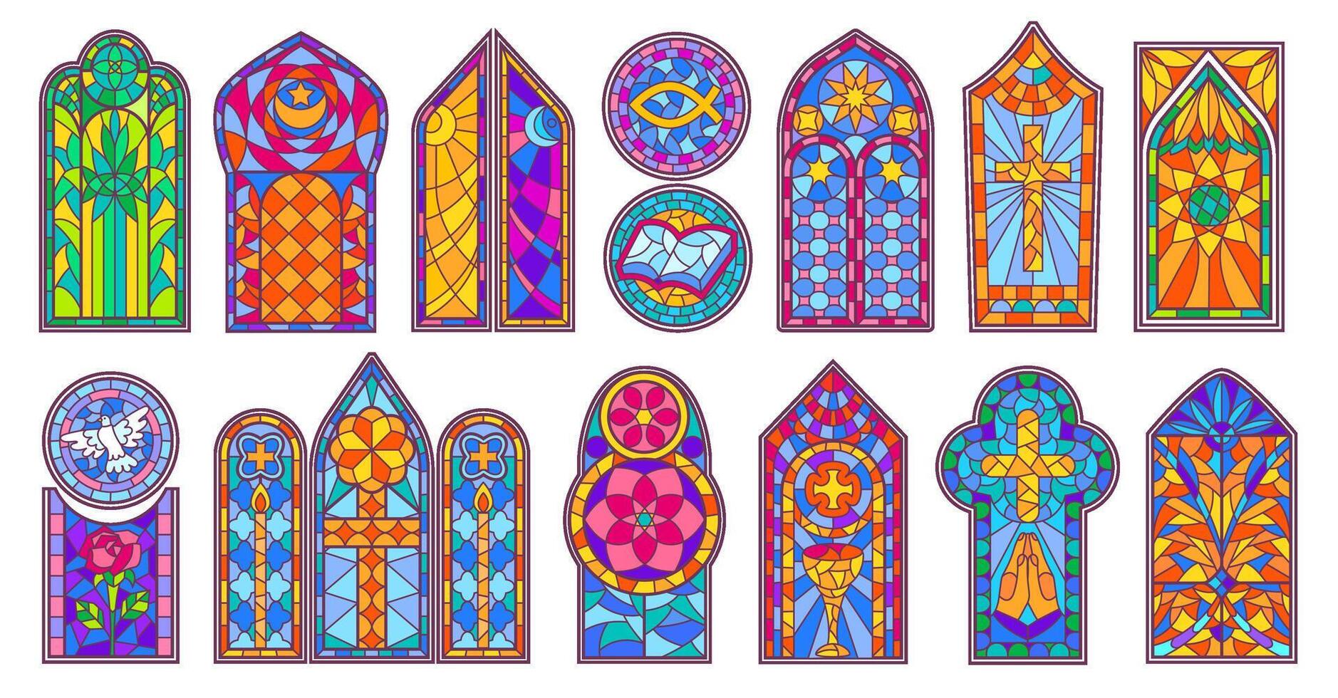 Church stained glass windows. Cathedral glass art decorative designs with Christian religious symbols, colorful geometric patterns and floral motifs. Sacred decor window isolated set vector