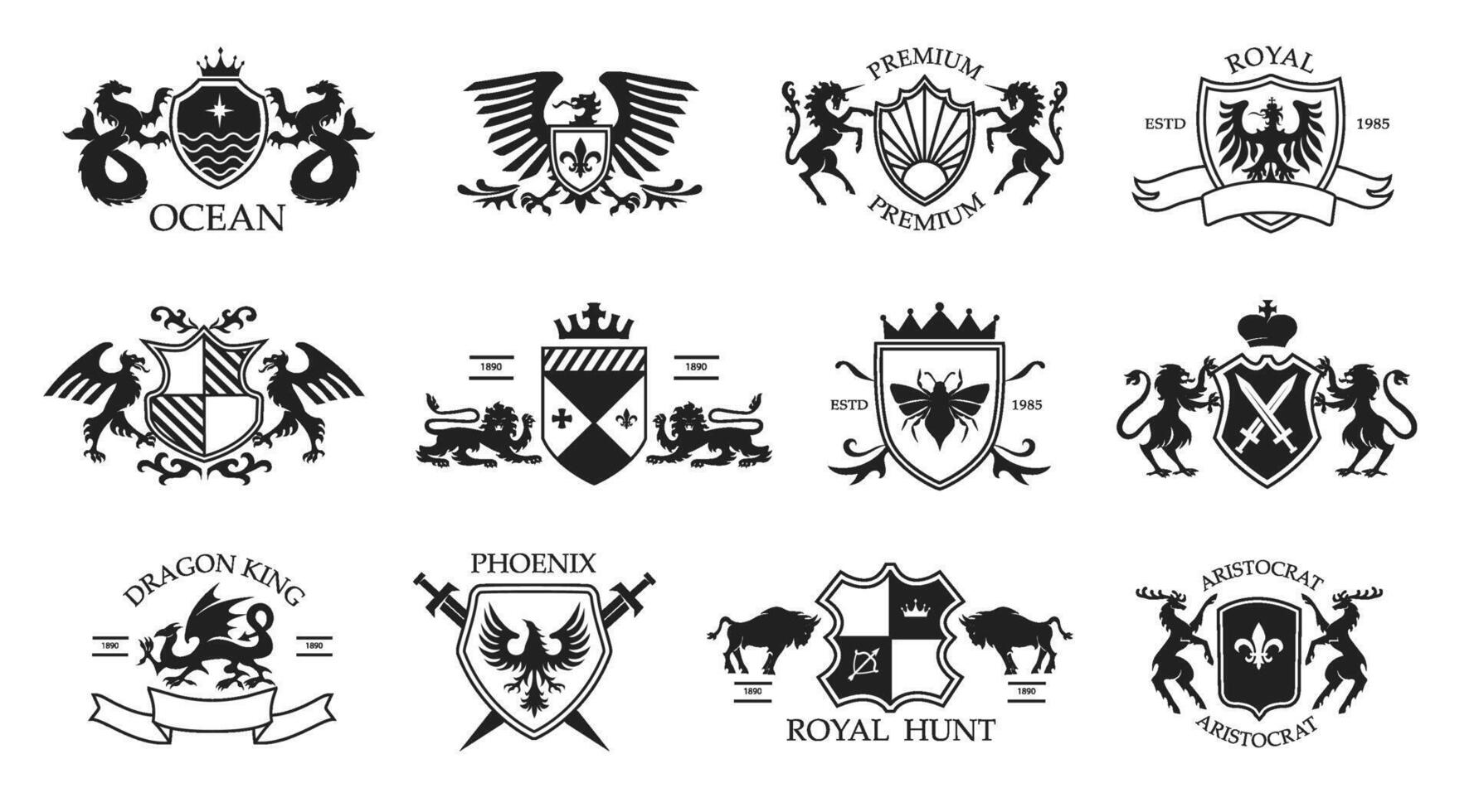 Heraldic animal emblem templates. Elegant coat of arms, noble crest designs with stencil mythical creatures, phoenix bird, royal unicorn, beetle shield, deer and bull set vector
