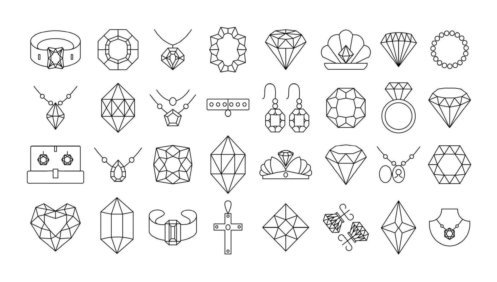 Linear jewelry icons. Outlined gemstone rings, crystal earrings, diamond necklaces and luxury geometric gems. Elegant line art precious stones and accessories set with editable stroke paths vector