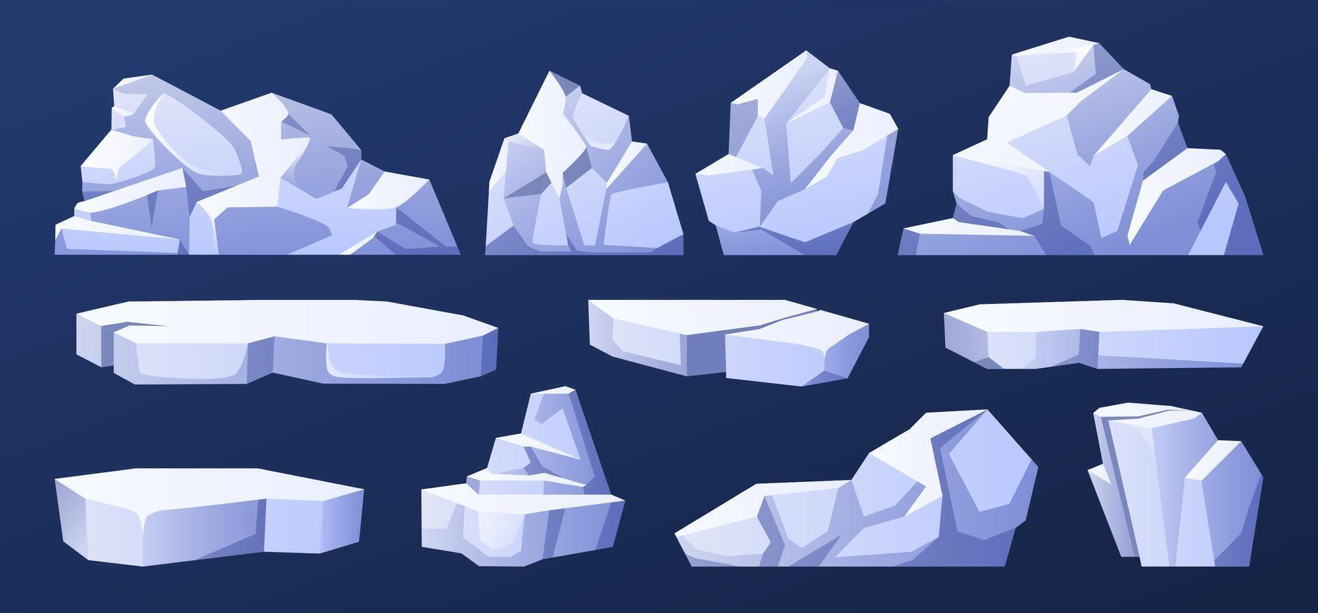 Cartoon ice floes. Icy rock shapes, cold glacier blocks and frozen floating icebergs. Antarctic winter themed isolated illustrations set vector