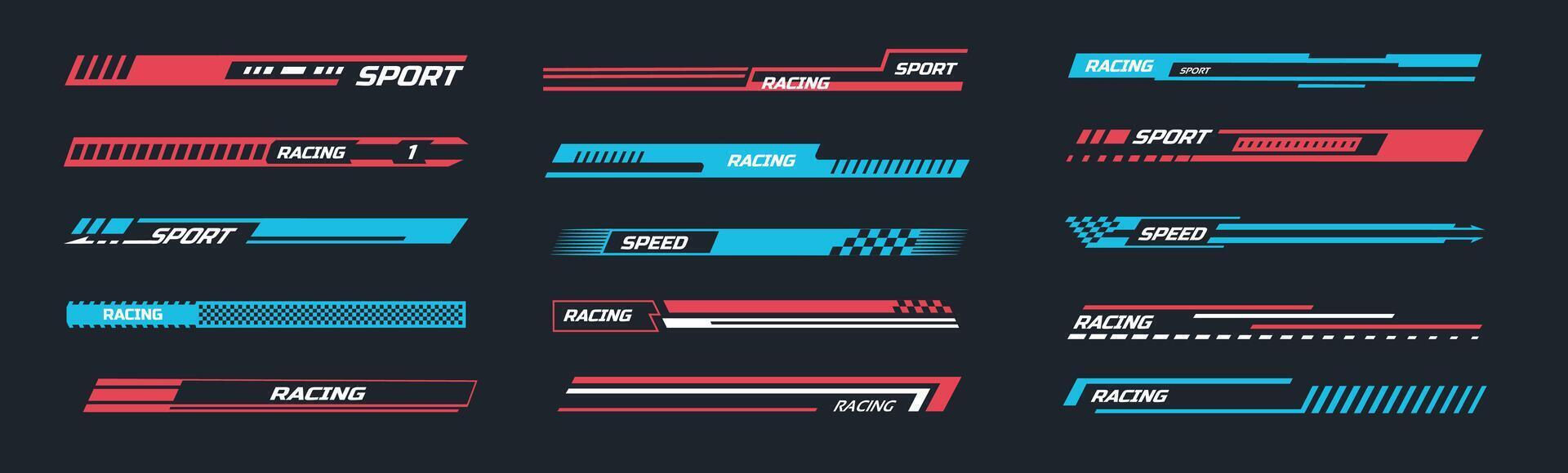 Racing car stripe decal. Dynamic sports labels and speed banner stickers with fast lines, checkered flag and abstract graphics. Isolated template set vector