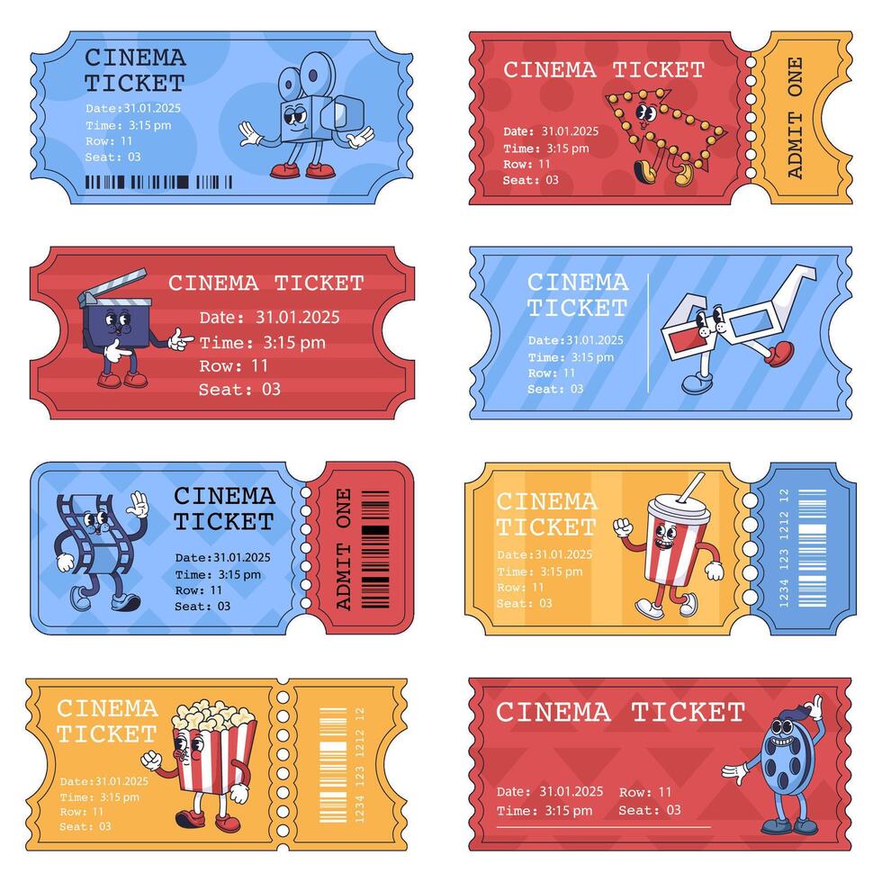 Cinema ticket templates. Movie tickets with cartoon mascot characters for retro camera, 3D glasses, clapperboard, film reel, popcorn and drink. set vector