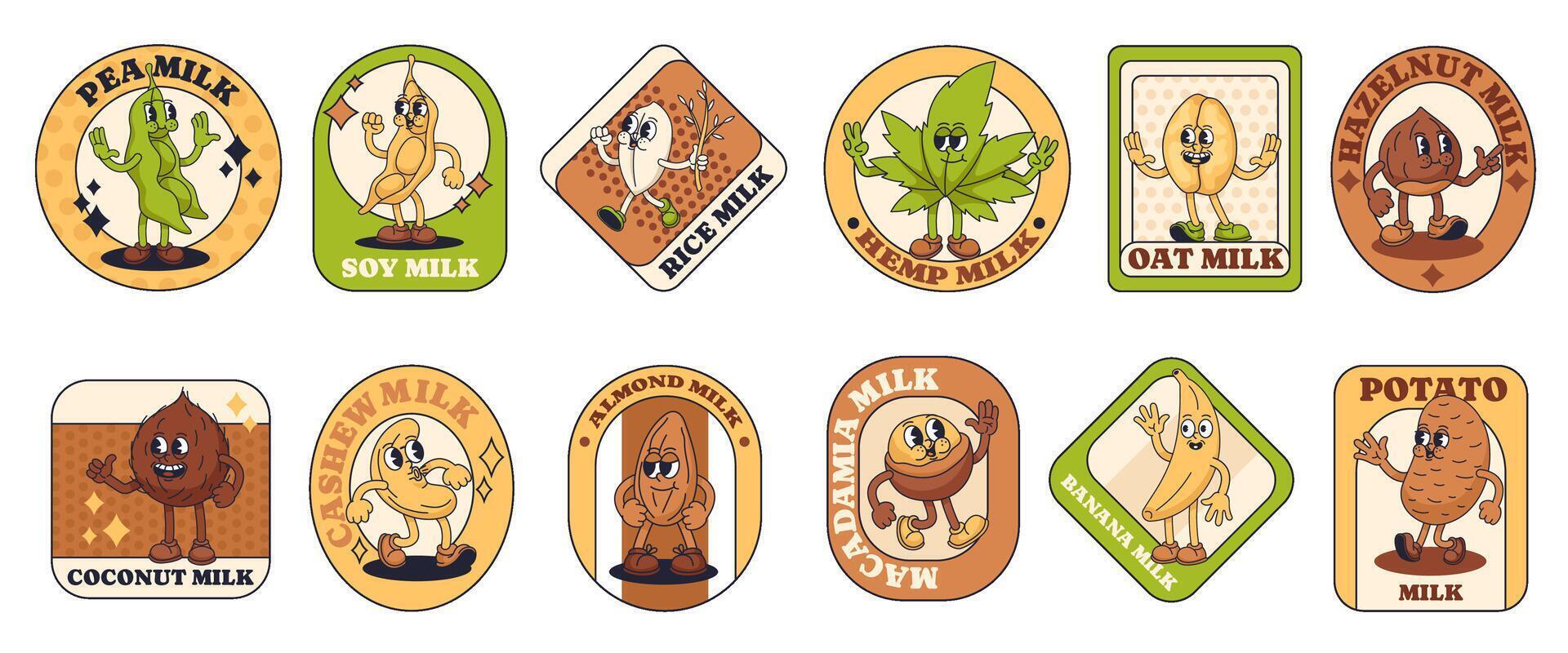 Groovy cartoon alternative milk label stickers. Plant based milk mascot characters in retro rubber hose style. Beverage branding packaging illustrations set vector