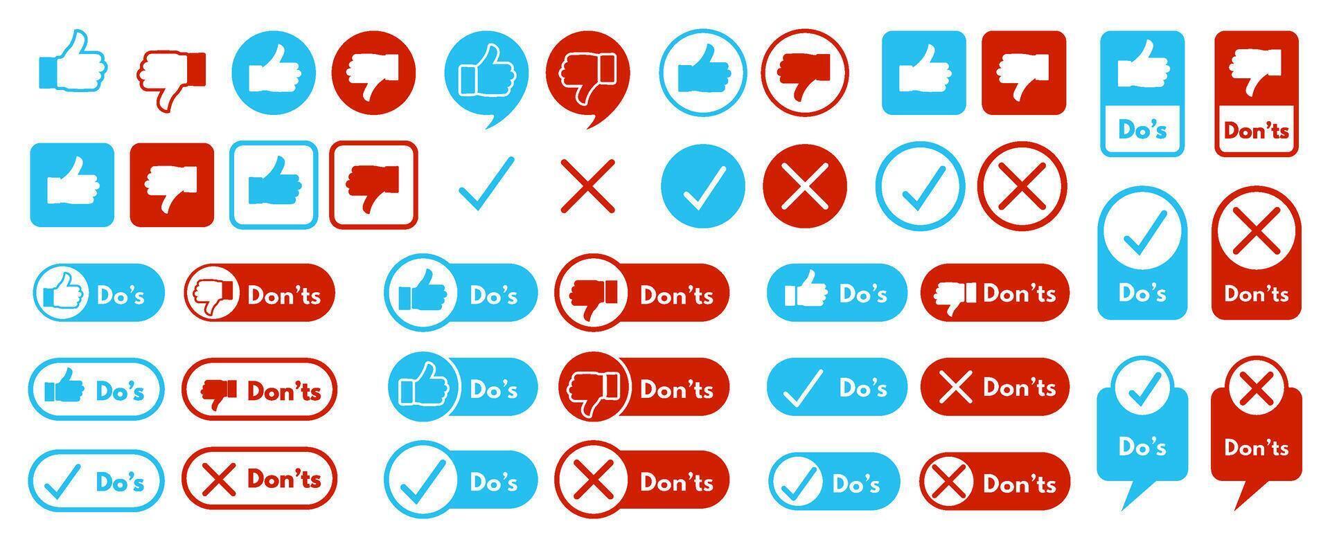 Do's and Don'ts symbols. Thumbs up and thumbs down icons, checkmarks and crosses for approval and disapproval with speech bubbles and label frames set vector
