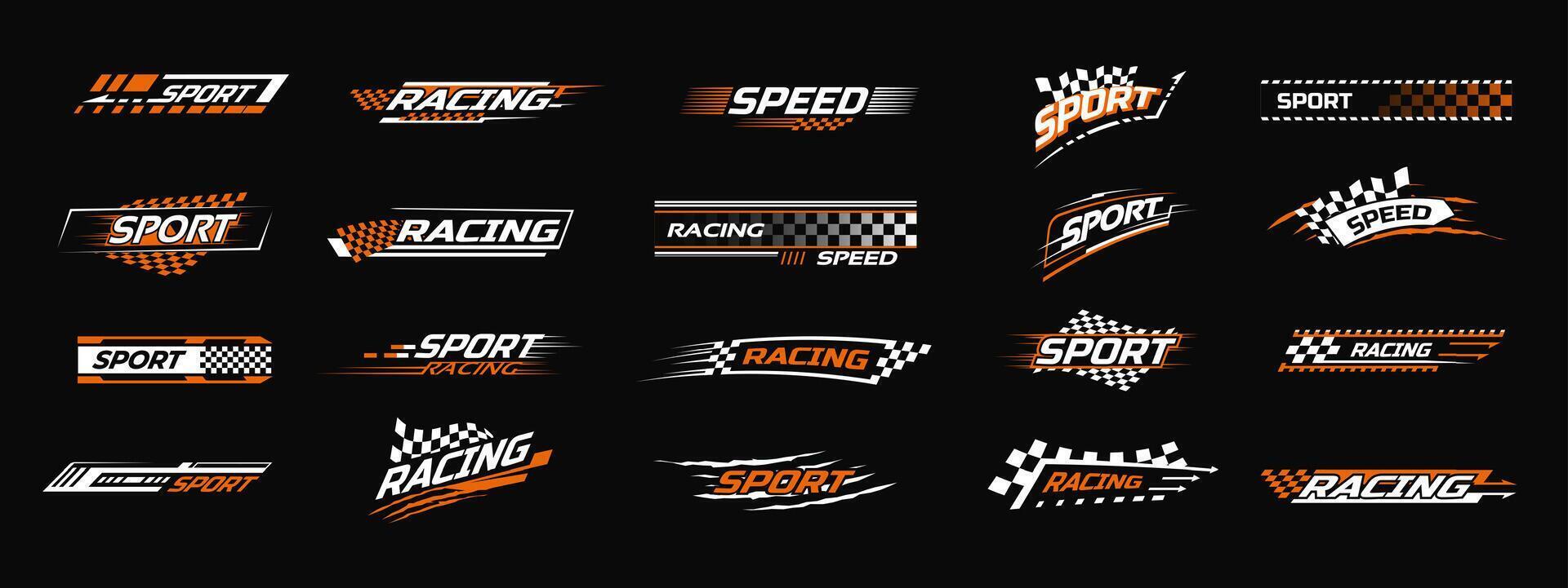 Racing sport decal. Speed sticker stripes, car racing branding with checkered flag and fast lines. Rally racing championship, motorsport tournament or automotive tuning decals set vector