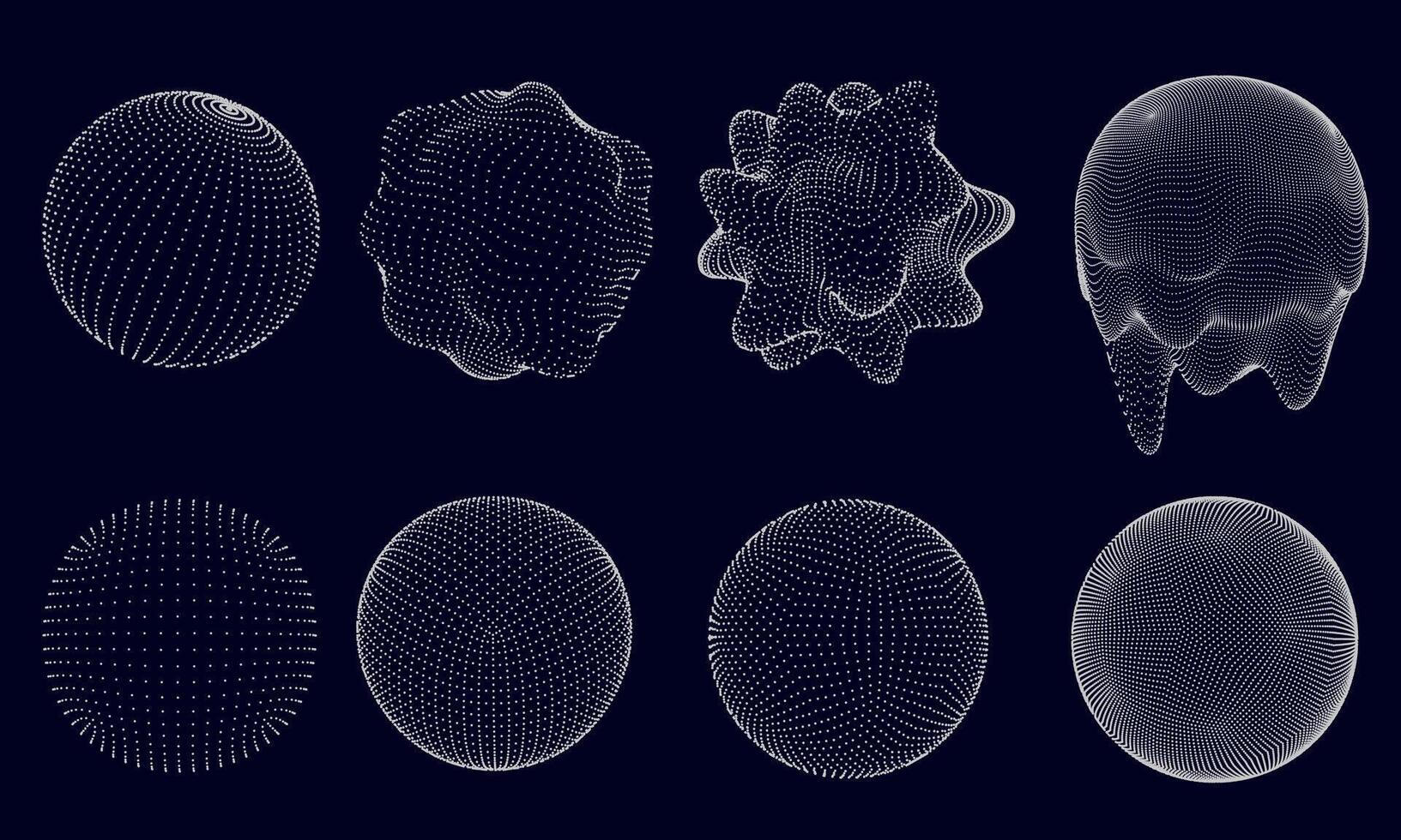 Dotted 3d sphere. Spherical forms, distorted and melted spheres with dot patterns. Abstract volumetric shapes with geometric wireframe dots isolated set vector