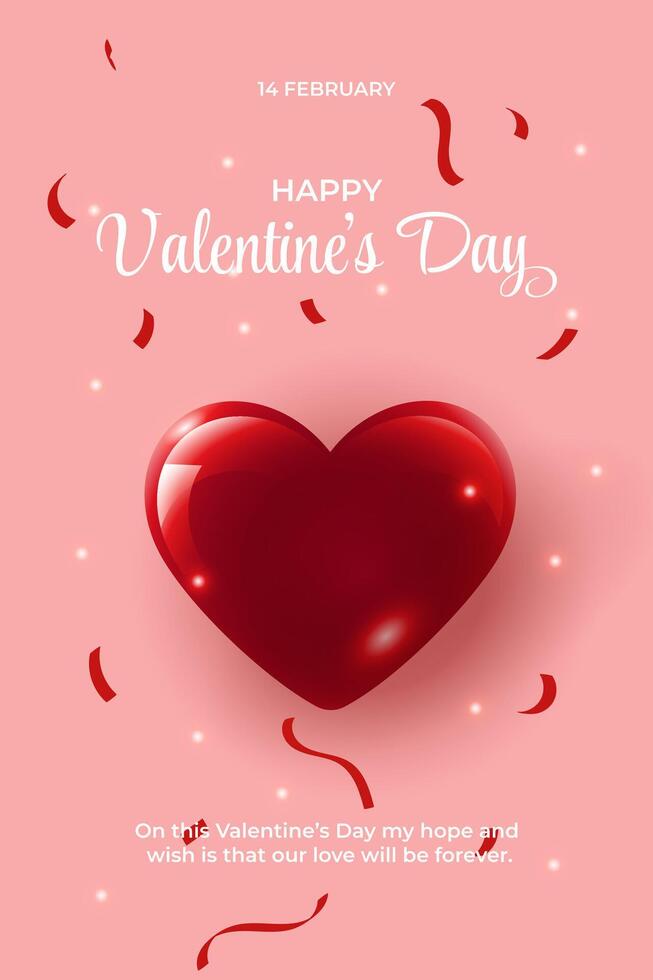 Valentine's Day Poster Greeting Card Background With Shiny Heart And Confetti. vector