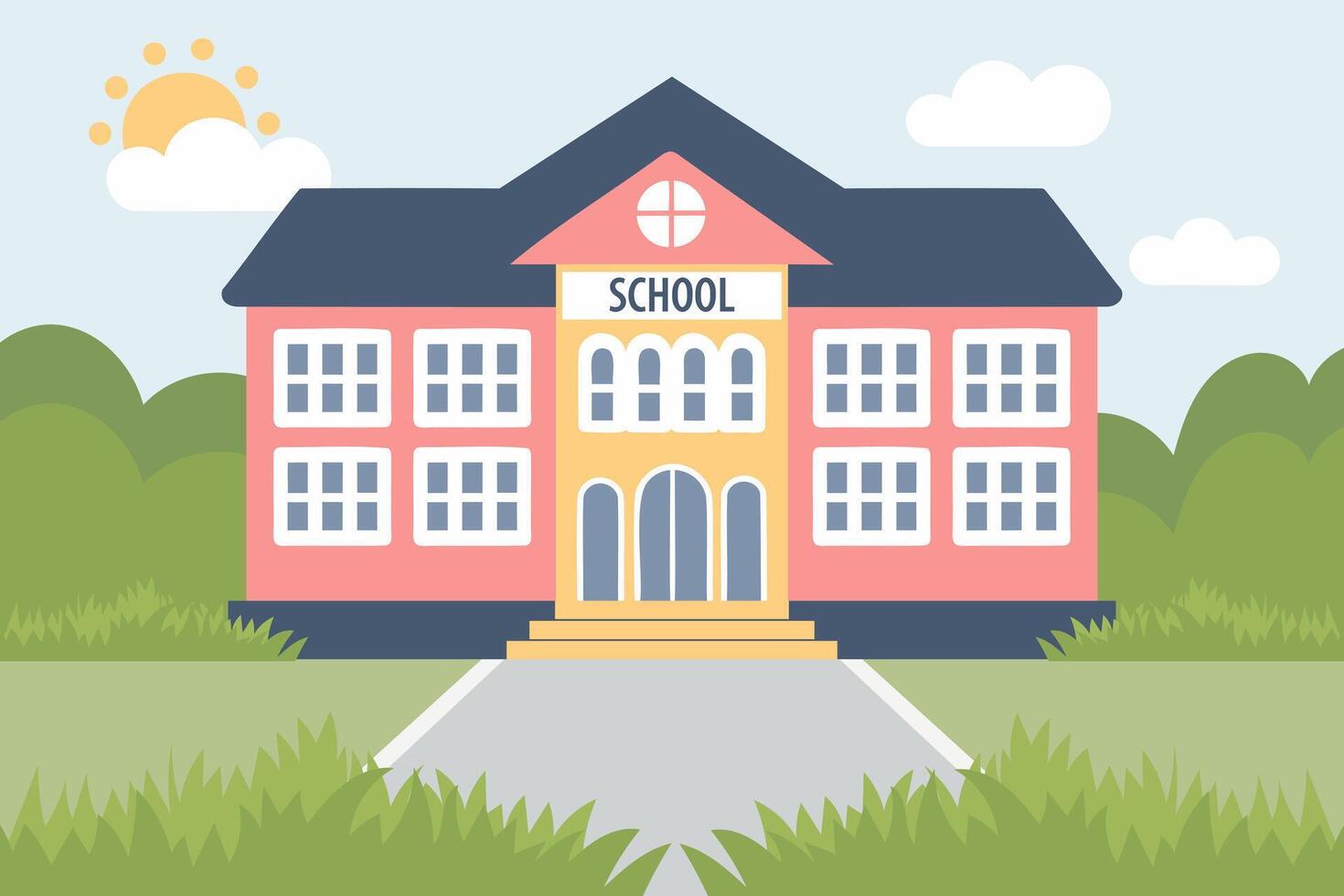 School building on the background of summer landscape. Flat style illustration. vector