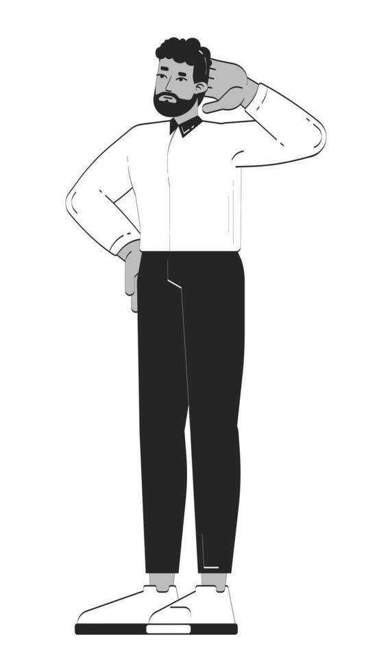 Thoughtful african american corporate employee doodle linear character. Black male entrepreneur expressing confusion 2D outline person isolated. Hand drawn drawing illustration monochrome vector