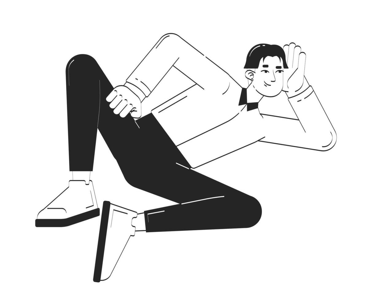 Happy korean office employee resting at work doodle linear character. Positive relaxed asian male lying while having break 2D outline person isolated. Hand drawn drawing illustration monochrome vector