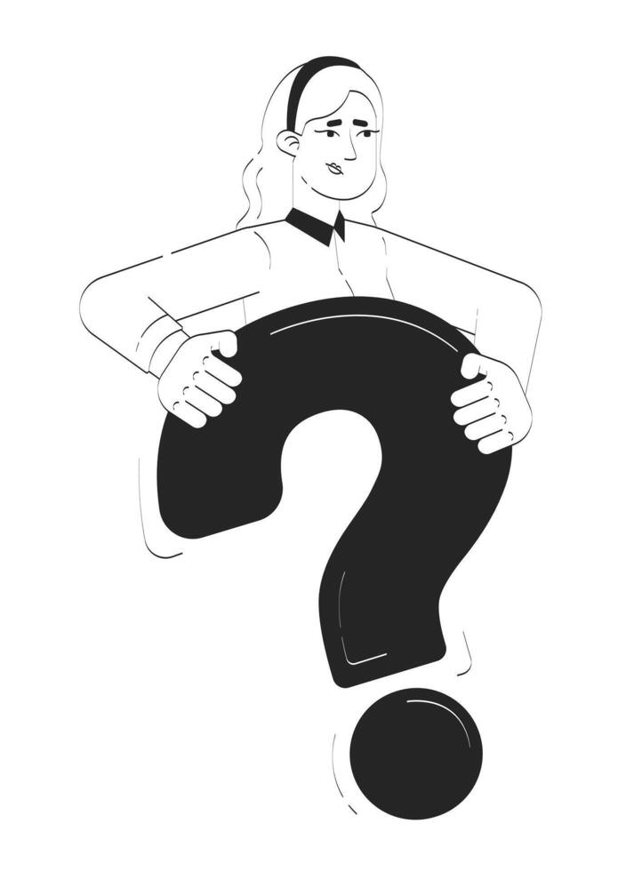 Doubted caucasian woman holding question mark doodle linear character. Woman office worker needing answers and support 2D outline person isolated. Hand drawn drawing illustration monochrome vector