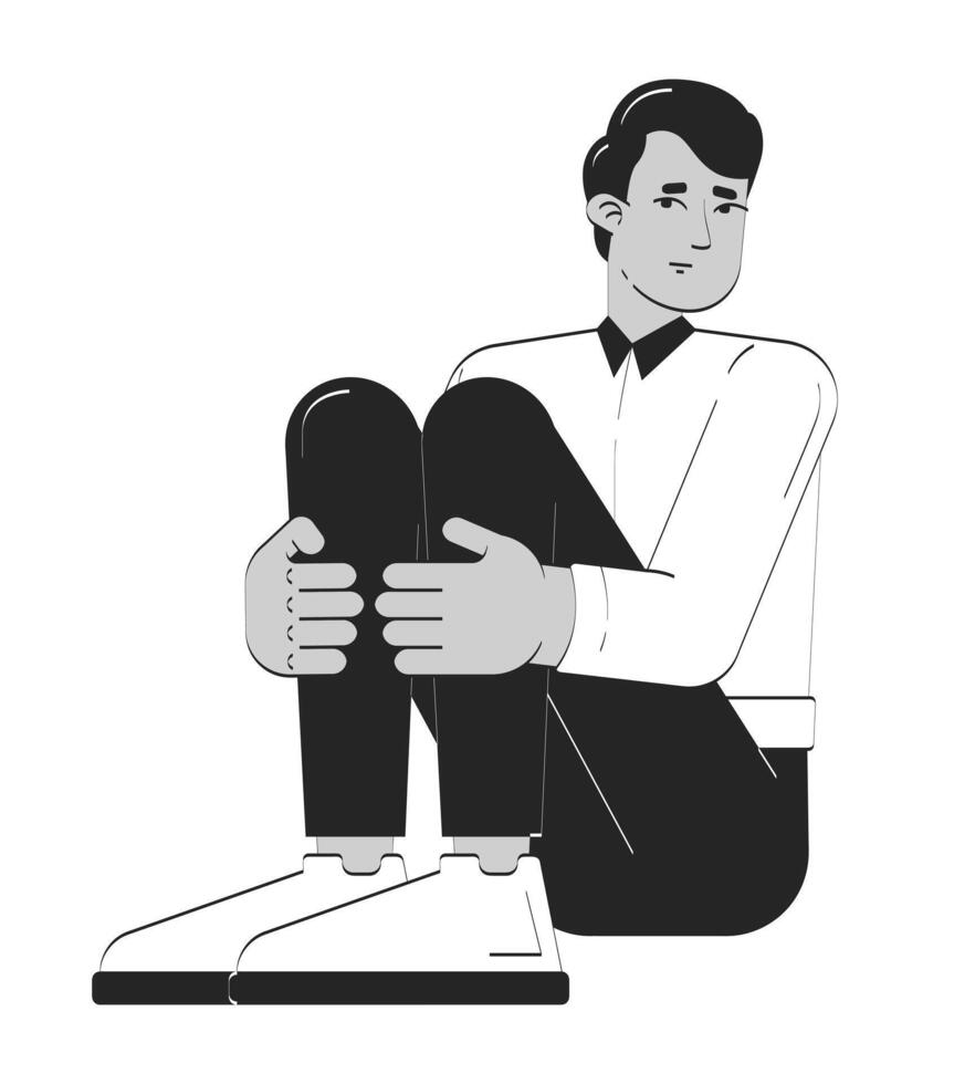 Depressed indian man corporate employee doodle linear character. Pensive male entrepreneur sitting hugging knees 2D outline person isolated. Hand drawn drawing illustration monochrome vector