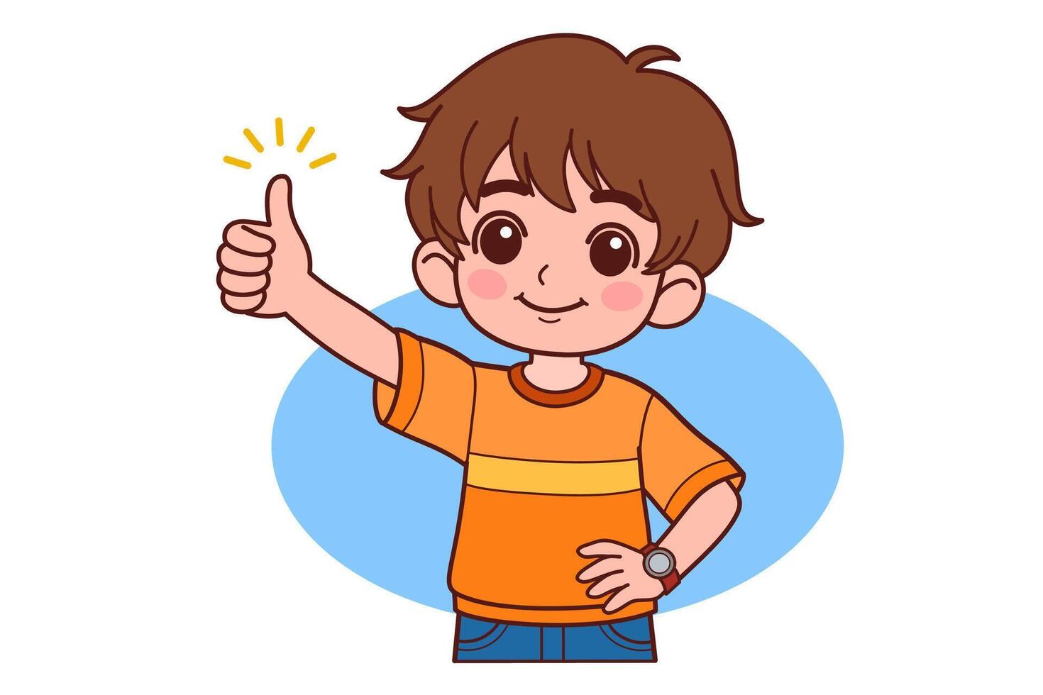12. Little boy smiling and raising thumb up. Hand drawn style. drawing. vector
