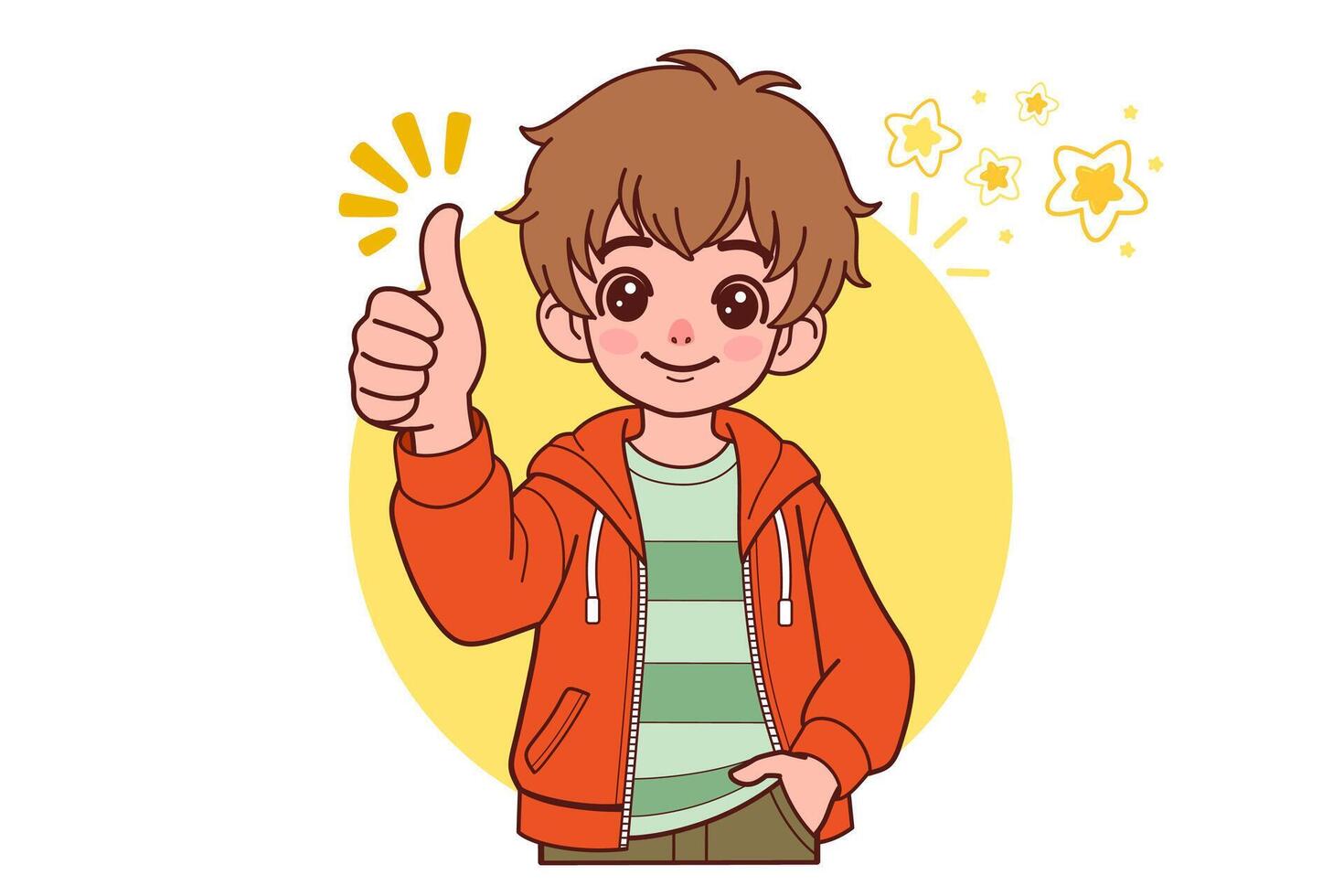 The young boy isolated smiling and raising thumb up. Hand drawn style. drawing. vector
