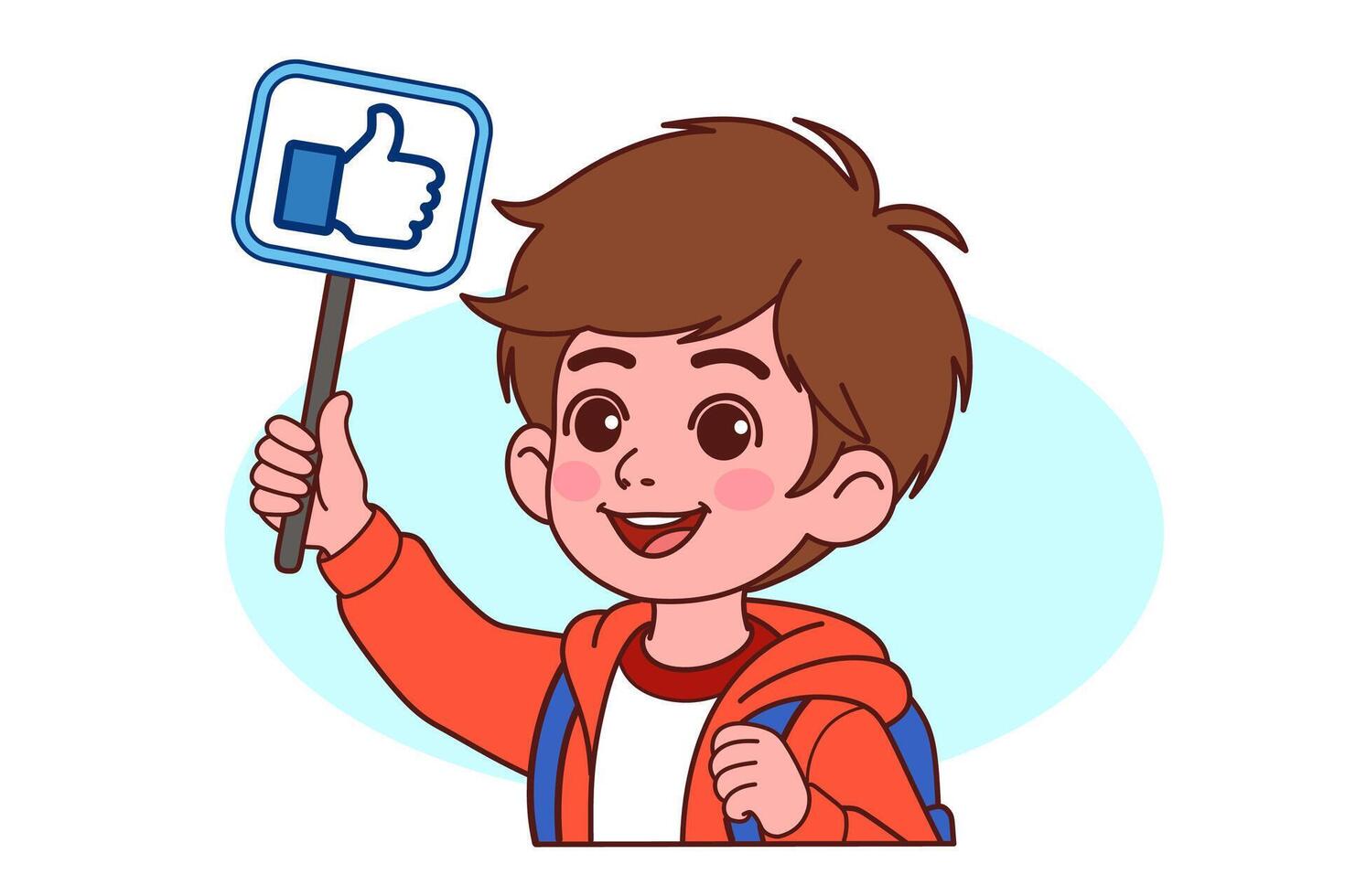 The boy is holding up a sign with a like symbol. vector