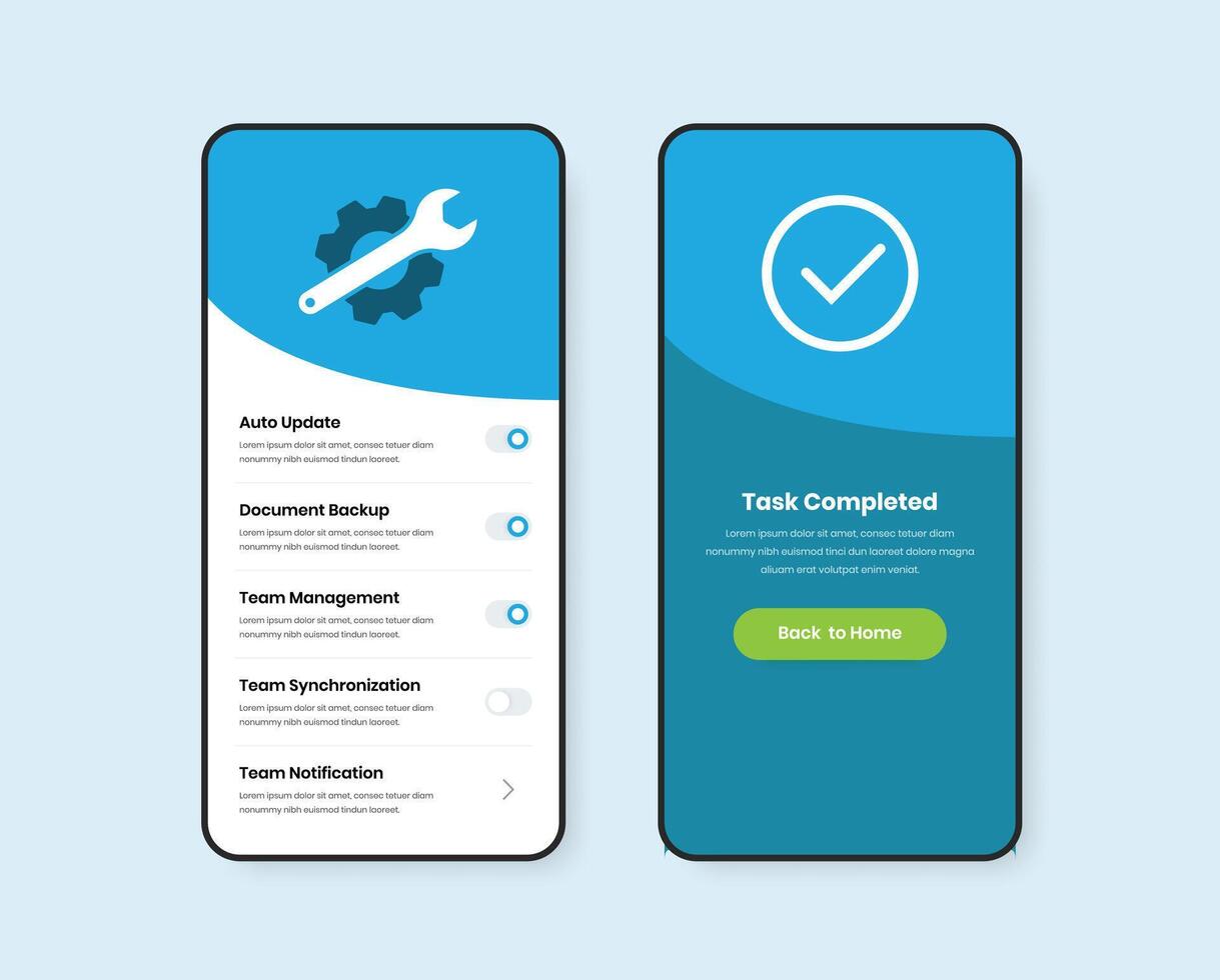 Mobile application switch setting page design with gear and tool illustration and confirm screen vector