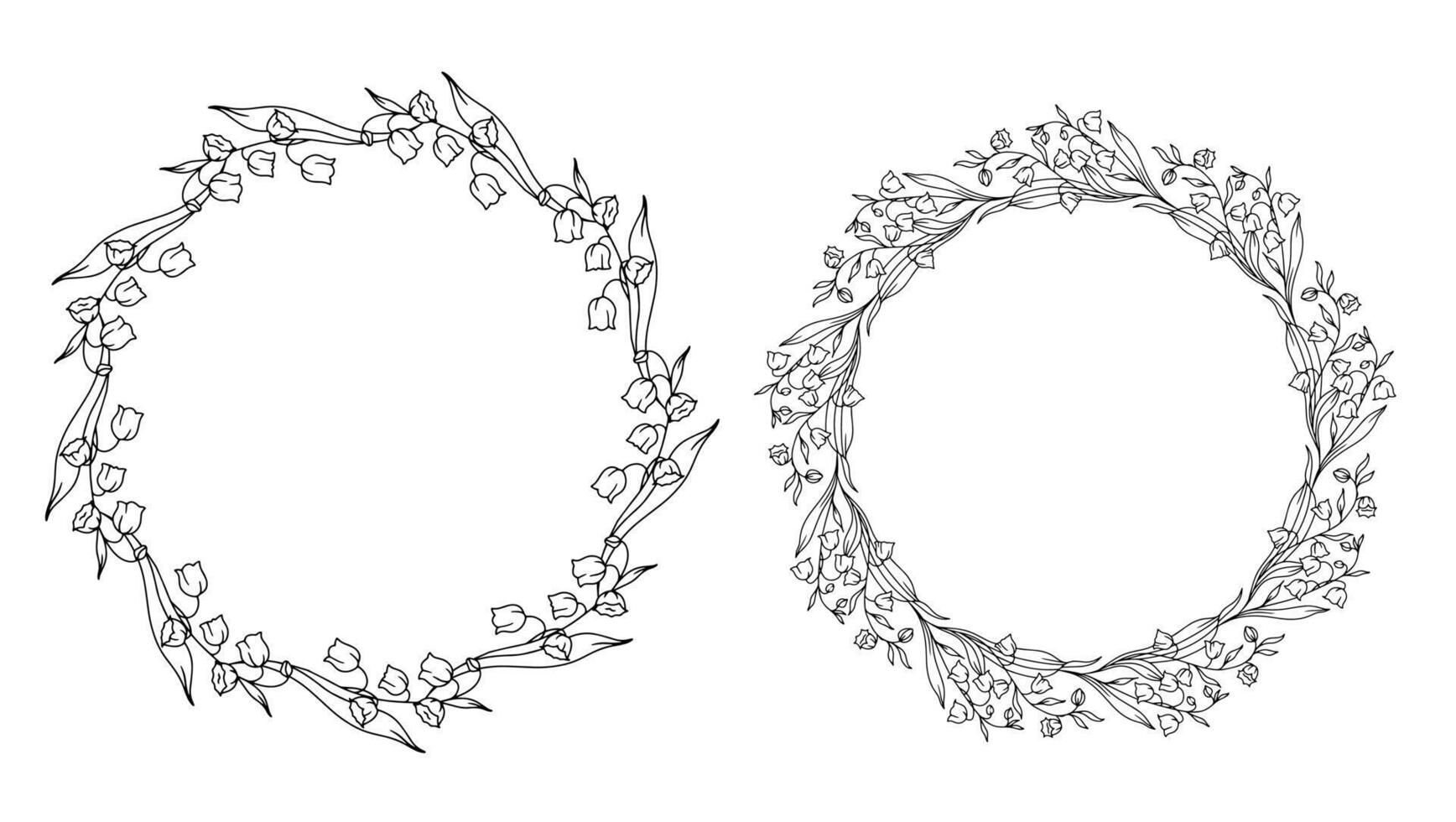 Lily of the Valley Wreath Line Art. Trendy floral branches and flowers. Botanical Line Art Spring Collection. Hand drawn line art lily of the valley flowers. Luxury Line Floral Art. vector