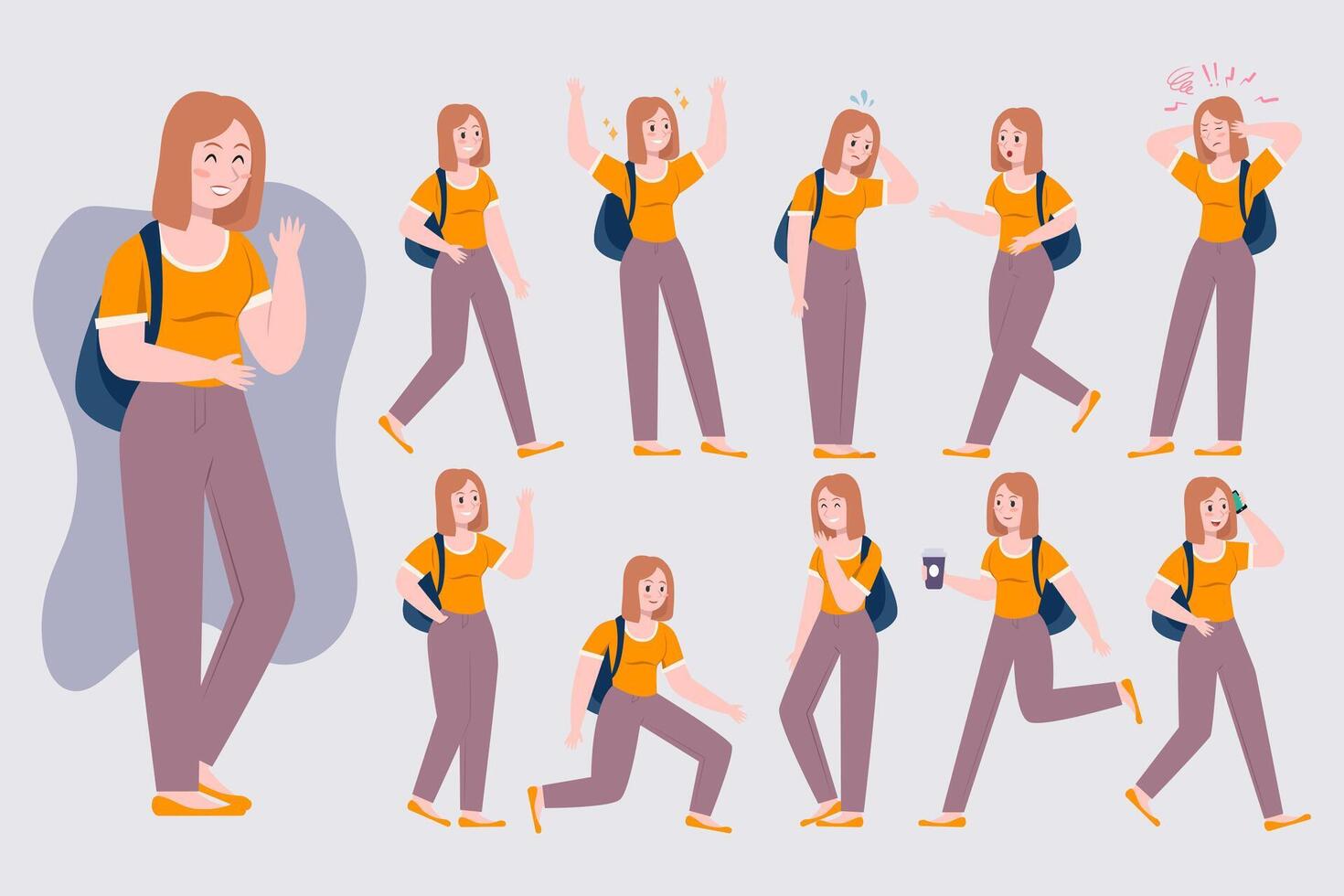 Set Student Girl With Backpack in Different Poses and Motion Walk, Stand, Run. Concept of Female Character Education, woman Back to School, College Or University. Cartoon Illustration vector