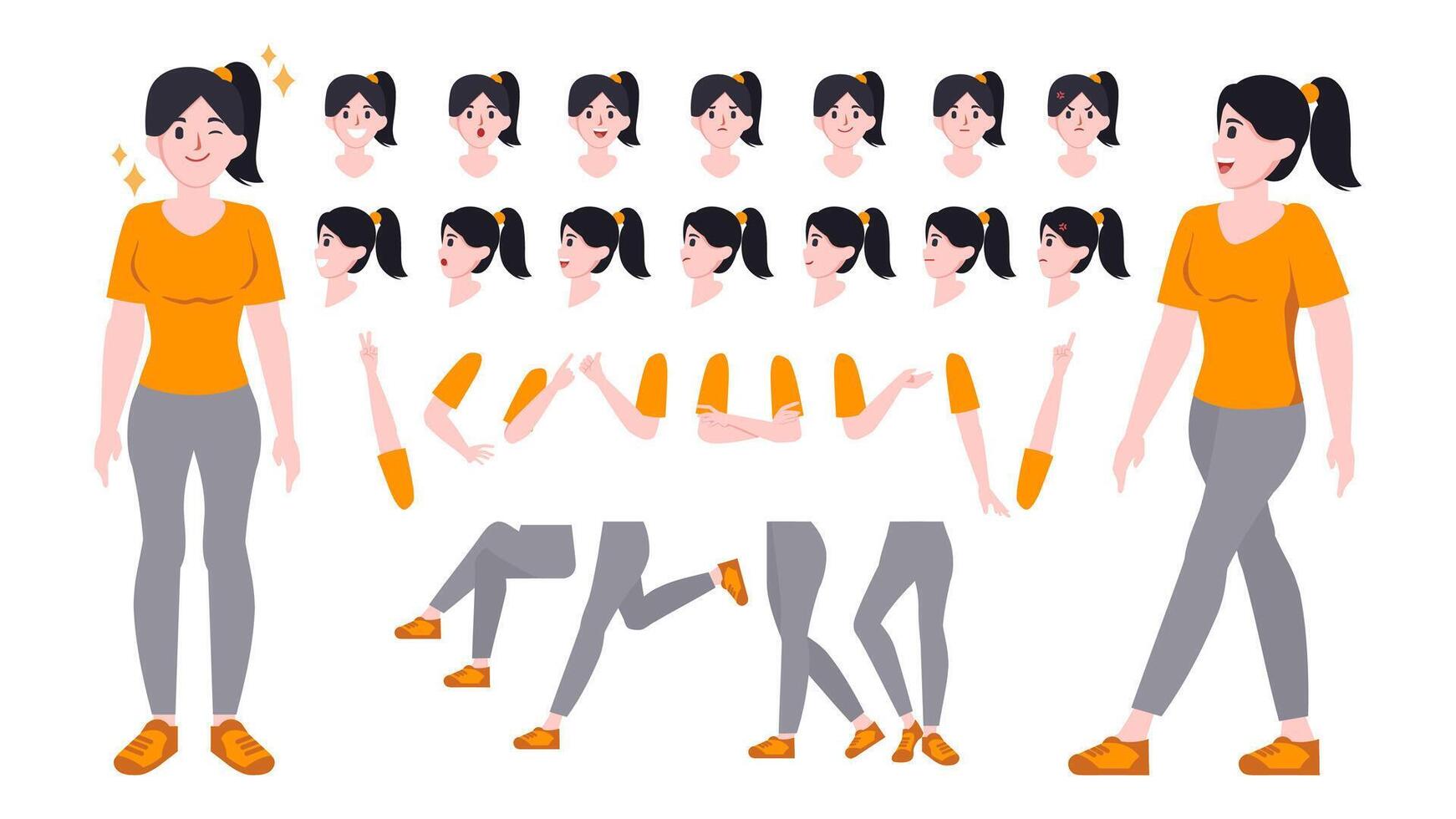Set of character a young woman in casual wear. Girl with various poses and gestures. Motion graphics or animation ready. illustration in a flat style vector
