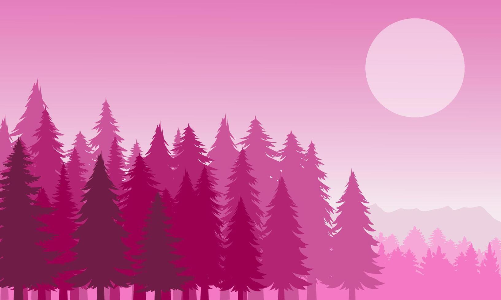 Pine forest landscape background with full moon and purple sky illustration vector