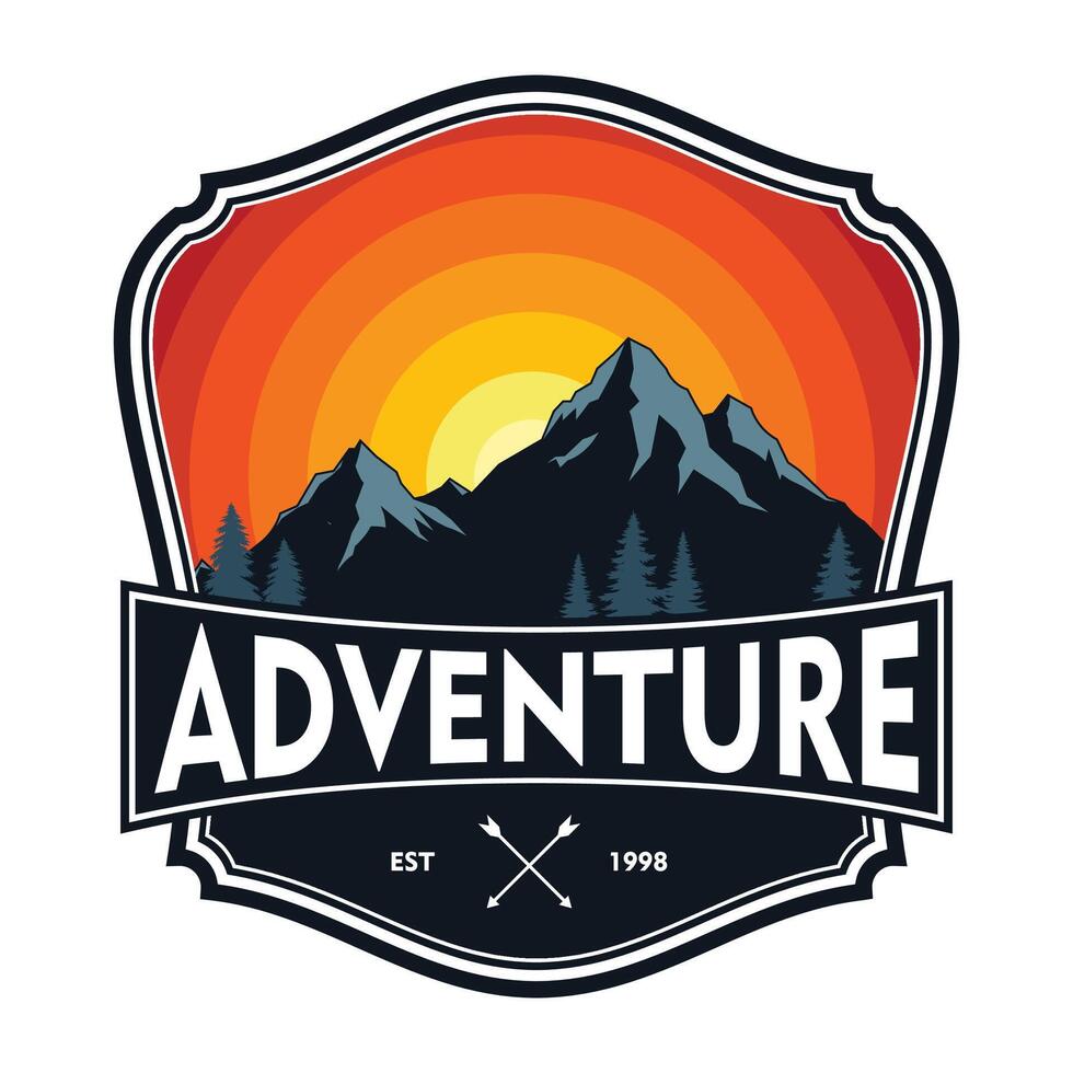 Vintage adventure label, badge, emblem or logo with mountains silhouette and sunburst vector