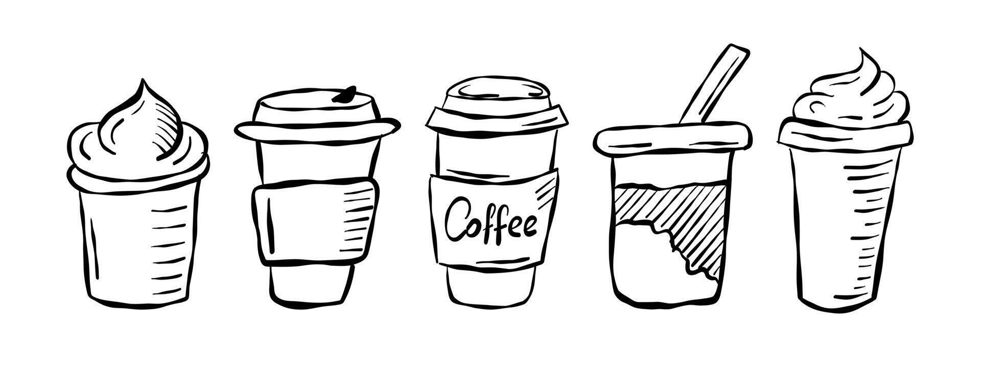 Variety of coffee drinks displayed in artistic style on a simple background vector