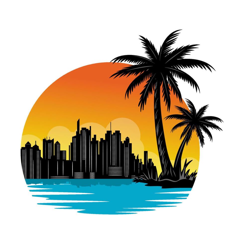 beach logo. city view and palm trees on the seashore vector